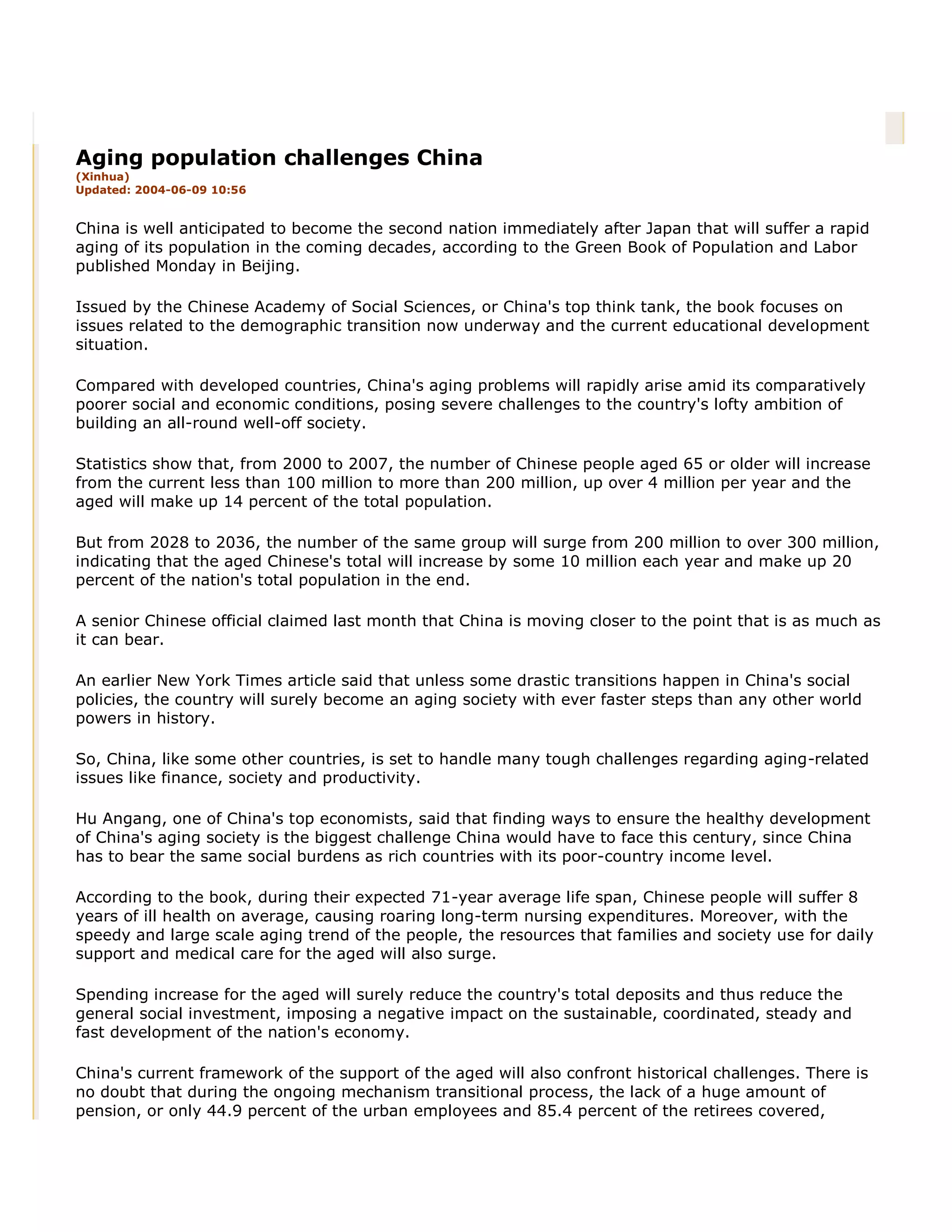 P aging population challenges china | PDF 