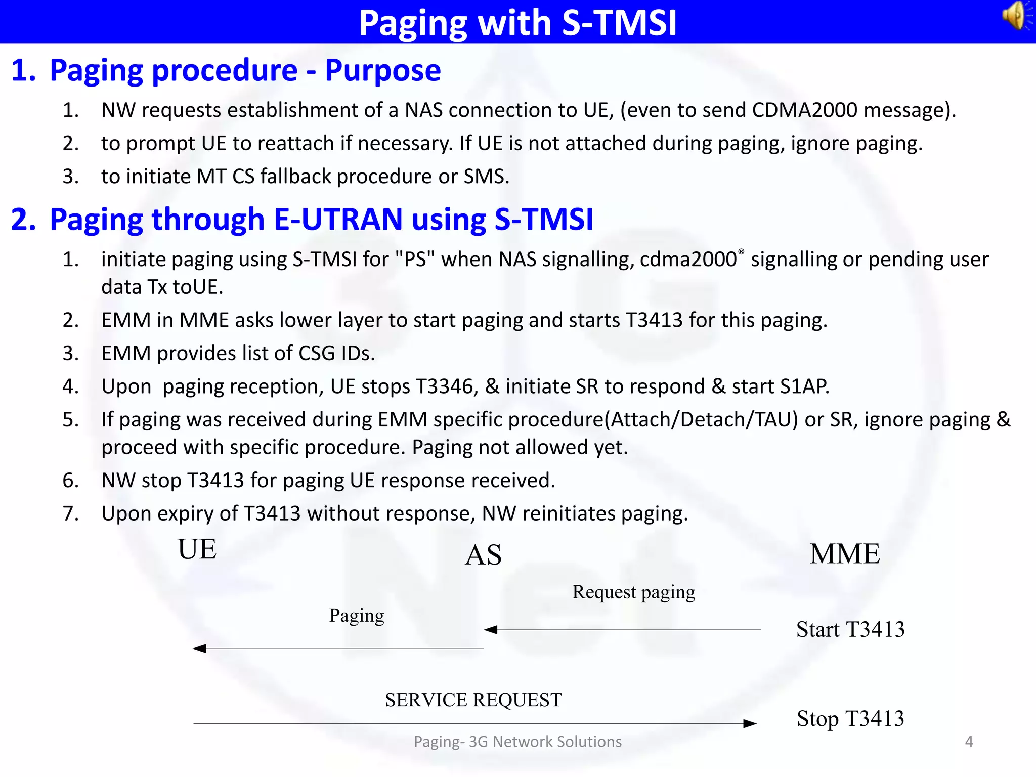 Paging with S-TMSI
1. Paging procedure - Purpose
   1. NW requests establishment of a NAS connection to UE, (even to send CDMA2000 message).
   2. to prompt UE to reattach if necessary. If UE is not attached during paging, ignore paging.
   3. to initiate MT CS fallback procedure or SMS.

2. Paging through E-UTRAN using S-TMSI
   1. initiate paging using S-TMSI for "PS" when NAS signalling, cdma2000® signalling or pending user
      data Tx toUE.
   2. EMM in MME asks lower layer to start paging and starts T3413 for this paging.
   3. EMM provides list of CSG IDs.
   4. Upon paging reception, UE stops T3346, & initiate SR to respond & start S1AP.
   5. If paging was received during EMM specific procedure(Attach/Detach/TAU) or SR, ignore paging &
      proceed with specific procedure. Paging not allowed yet.
   6. NW stop T3413 for paging UE response received.
   7. Upon expiry of T3413 without response, NW reinitiates paging.
              UE                               AS                               MME
                                                              Request paging
                              Paging
                                                                               Start T3413

                                       SERVICE REQUEST
                                                                               Stop T3413
                                         Paging- 3G Network Solutions                              4
 