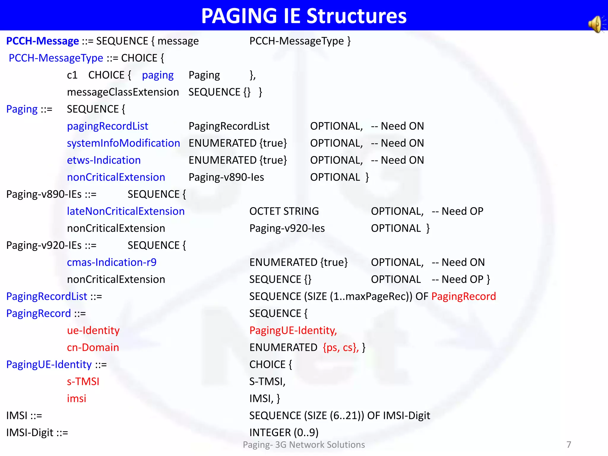 PAGING IE Structures
PCCH-Message ::= SEQUENCE { message                PCCH-MessageType }
 PCCH-MessageType ::= CHOICE {
              c1 CHOICE { paging Paging            },
              messageClassExtension SEQUENCE {} }
Paging ::= SEQUENCE {
              pagingRecordList         PagingRecordList        OPTIONAL, -- Need ON
              systemInfoModification ENUMERATED {true}         OPTIONAL, -- Need ON
              etws-Indication          ENUMERATED {true}       OPTIONAL, -- Need ON
              nonCriticalExtension     Paging-v890-Ies         OPTIONAL }
Paging-v890-IEs ::=        SEQUENCE {
              lateNonCriticalExtension             OCTET STRING            OPTIONAL, -- Need OP
              nonCriticalExtension                 Paging-v920-Ies         OPTIONAL }
Paging-v920-IEs ::=        SEQUENCE {
              cmas-Indication-r9                   ENUMERATED {true}       OPTIONAL, -- Need ON
              nonCriticalExtension                 SEQUENCE {}             OPTIONAL -- Need OP }
PagingRecordList ::=                               SEQUENCE (SIZE (1..maxPageRec)) OF PagingRecord
PagingRecord ::=                                   SEQUENCE {
              ue-Identity                          PagingUE-Identity,
              cn-Domain                            ENUMERATED {ps, cs}, }
PagingUE-Identity ::=                              CHOICE {
              s-TMSI                               S-TMSI,
              imsi                                 IMSI, }
IMSI ::=                                           SEQUENCE (SIZE (6..21)) OF IMSI-Digit
IMSI-Digit ::=                                     INTEGER (0..9)
                                               Paging- 3G Network Solutions                          7
 