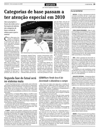 SÁBADO, 14 de novembro de 2009
                                                                                                  ESPORTE                                                                          O REPÓRTER        21
                                                                                         por Jonas Iragones Palharini



Categorias de base passam a                                                                                                                            PLACAR REPÓRTER

                                                                                                                                                          BOCHA – A Cedl e a Liga Ijuiense de Bocha


ter atenção especial em 2010
                                                                                                                                                        convidam bochófilos de Ijuí e região para
                                                                                                                                                        participar do torneio de bocha, regra mundial,
                                                                                                                                                        modalidade trio, categoria livre, que será dis-
                                                                                                                                                        putado hoje e amanhã, em diversas canchas do
São Luiz projeta o                                                                                                     pus da Unijuí, cerca de 10       município, com sede na cancha da SER Burtet.
                                                                                                                       hectares, para a construção      Às 10h30 de hoje, haverá reunião na sede da
futuro do clube com a                                                                                                  de cinco campos de fute-         SER Burtet com presença de dirigentes da
formação de talentos                                                                                                   bol, que seria importante        Federação Riograndense de Bocha e represen-
                                                                                                                       para a formação de novos         tantes das equipes participantes do torneio.
das categorias de                                                                                                      jogadores.
base e venda de                                                                                                           O técnico da equipe júnior       COPA CARLOS EDUARDO – Hoje, no cam-
                                                                                                                       deve ser conhecido na se-        po do Ipiranga, em Coronel Barros, às 10h30,
atletas para o país e                                                                                                  gunda quinzena de dezem-         categoria infantil, Verde Sports x CFE Grêmio;
exterior                                                                                                               bro. Três nomes estão sendo      13h, CMD Coronel Barros x Greminho Condor;
                                                                                                                       especulados. Sandro Pa-          às 14h10, fraldinha, Greminho Condor x Geno-


C
       om o olhar para o ho-                                                                                           lharini, Tarcísio Macúglia e     ma Colorado; às 14h50, mirim, Esportiva Dom
       rizonte, os dirigentes                                                                                          Gilberto Oliveira dos Santos     Quixote x GBBC São Luiz Gonzaga; às 16h50,
       do São Luiz chegaram                                                                                            (Mano). Sandro é o favorito      infantil, Esportiva Dom Quixote x Grêmio Cruz
a conclusão que não se                                                                                                 para a vaga. Segundo Sebas-      Alta; às 18h, mirim, São Luiz x Grêmio Cruz Alta.
pode mais gastar dinheiro                                                                                              tiani, o técnico da categoria    Amanhã, no campo do Ipiranga, às 10h, catego-
com jogadores formados                                                                                                 de base precisa se adequar
                                                                                                                                                        ria fraldinha, Verde Sports x GBM/Empreiteira
em outros clubes.                                                                                                      com o perfil das necessi-
                                                                                                                                                        Vieira; às 11h, no infantil, GBM x Craque do Fu-
   Através de planejamento,                                                                                            dades do clube. Um deles
                                                                                                                                                        turo; às 13h30, mirim, Esportiva Dom Quixote x
o São Luiz deve a partir                                                                                               seria comandar também a
                                                                                                                                                        Craque do Futuro; às 14h30, infantil, São Luiz A
do próximo ano, iniciar o                                                                                              equipe juvenil, que antes era
                                                                                                                                                        x Craque do Futuro; às 15h40, Esportiva Dom
processo de formação de jo-                                                                                            comandada por Adilson dos
                                                                                                                       Reis, que ficará responsável     Quixote x CFE Grêmio; às 16h50, Nova Ramada
gadores, a redescoberta de      Edemir Sebastiani diz que São Luiz tem planejamento definido para categorias de base                                    x Juventude dos Gói e às 18h, categoria mirim,
novos talentos, que possam                                                                                             pelas escolinhas (crianças
                                                                                                                       de 7 a 14 anos).                 CMD Coronel Barros x Nova Ramada.
firmar contrato com o clube     novamente, Arlindo Treter,                  projeto interessante utili-
e posteriormente serem ne-      com Edemir Sebastiani de                    zado hoje, pelas categorias                   O supervisor Edemir Se-
                                                                                                                       bastiani afirmou que o clu-        SESI – Hoje e amanhã, Ijuí está sendo re-
gociados, beneficiando os       supervisor. O preparador                    de base de Grêmio, Inter e
                                                                                                                       be manterá a filosofia de        presentada na XXIV Olimpíada Estadual do
cofres da agremiação.           físico poderá ser Alexandre                 Ulbra e que poderia implan-
                                Chitolina, 25 anos, natural                 tar em Ijuí.                               valorizar os profissionais       Sesi, na cidade de Rio Grande, pela equipe da
   A parceria com o agente
                                de Santa Rosa. Alexandre                       O supervisor Edemir Se-                 da cidade no comando dos         Soberana, na modalidade Vôlei de Praia Trio
FIFA, Alex Cavaleiro, será
desenvolvida em 2010, com       será o auxiliar de Luciano                  bastiani confirmou que o                   times da base, como já           Masculino, e pelo atleta Gederson Vinícius
a chegada de novos jogado-      Nagel, nos profissionais e                  projeto para as categorias                 fizeram Guilherme e Tarcí-       Folletto, da empresa Perdigão, que irá parti-
res para as equipes juvenil     deve assumir como titular                   de base do São Luiz, no                    sio Macúglia, Arlei Pinto de     cipar da modalidade Natação, na prova dos
e junior do clube.              da base, após o Gauchão.                    próximo ano, será mais qua-                Menezes, Jair Galvão, Guto       50m Costas.
   O diretor de futebol das     Ele foi indicado pelo técnico               lificado. O clube ainda tenta              Valduga, Paulo Roberto e           Os Campeões de cada modalidade estarão
categorias de base para o       Beto Campos. Alexandre                      o acerto para a compra de                  Luiz Fernando Wissmann,          classificados para os jogos Sul Brasileiros do
próximo ano deverá ser          Chitolina disse que tem um                  uma área próxima ao cam-                   entre outros.                    Sesi, que serão disputados em Joinville, nos
                                                                                                                                                        dias 4, 5 e 6 de dezembro.

                                                                                                                                                          AUGUSTO PESTANA – Campeonato Muni-
Segunda fase do futsal será GBM/Ouro Verde leva 6 do                                                                                                    cipal de Futebol de campo, no Estádio Muni-
                                                                                                                                                        cipal, hoje, às 14h15, Inkas B x Canarinho B; às

no sistema mata             Juventude e abandona o campo                                                                                                16h30, Internacional B x Estrela B e às 18h30,
                                                                                                                                                        Canarinho A x Estrela A. Amanhã, às 14h15, São
  A partir da próxima semana, a cada rodada, será conhecida                       Sem chance de obter uma vaga para a semifinal do                      Miguel x Ouro Verde B; às 16h30, Avante B x
uma equipe classificada para a terceira fase do Campeonato                      Estadual Juvenil, GBM/Ouro Verde viajou para Caxias,                    Esportivo e às 18h30, Ouro Verde A x Inkas A.
Municipal de Futsal da 2ª Divisão. O regulamento, aprovado                      desestimulado para a partida de despedida da com-
pelos clubes, terá o sistema mata, ou seja, cada jogo é uma                     petição 2009. Apenas 12 jogadores acompanharam a                          SESC – Atletas de Ijuí participam hoje e ama-
decisão. Em caso de empate no tempo normal, o vencedor                          delegação, na tarde de quinta-feira.                                    nhã, da final estadual da 29ª Olimpíada Comer-
será conhecido nas penalidades, através de cinco cobranças                        Em campo, o time de Ijuí encontrou dificuldades devi-                 ciaria do Sesc, em Porto Alegre. Representantes
alternadas.                                                                     do a qualidade do adversário, que se impôs no Alfredo                   no futebol de campo, Sul Cores; futsal feminino,
  Segunda-feira, no Ginásio Wilson Mânica, às 20h15, Ouro                       Jaconi e logo foi marcando gols.                                        Tony Tur/Chopp Ijuhy; futsal sênior, Farma G;
Verde x Guarani e às 21h15, Usadão Móveis x Quarta Fute-                          O placar estava 6 a 0 para o time de Caxias, quando                   futebol sete sênior, Auto Técnica Machado/
bol Clube; terça, às 20h15, Lotérica Grenal/Nossa Casa/Bar                      começou as baixas da equipe do GBM/Ouro Verde. No                       Redemac e futebol sete adulto, Hospital de
Parceria x Castelo Forte Construções e às 21h15, Bebidas                        intervalo, o lateral Jardel sentiu dores estomacais e                   Caridade. No atletismo, Julio Anselmo Berwig,
Mello/Fassbinder x Juventus. Na quarta-feira, apenas uma                        não voltou para o segundo tempo. Henrique e Renan                       acima de 45 anos; nos 100 m e salto em distân-
partida pela 2ª Divisão, às 20h15, Auto Posto Central x Ar-                     também deixaram o gramado sentindo lesões. Por                          cia, Éderson Branco Lutzer, adulto até 29 anos;
senal Baterias Gói/HD Distribuidora.                                            excesso de faltas, o zagueiro Batata levou o vermelho.                  1500 m e salto em distância, Sandra Patrícia da
  O carnê dos jogos já está disponível para as equipes, na                      Aos 7 minutos do segundo tempo, com sete jogadores                      Cruz, categoria máster 30 a 44 anos; 1500 m e
coordenadoria de esportes. Na segunda-feira, a coordena-                        em campo, o árbitro encerrou a partida.                                 salto em distância, Saul Vione Winik, adulto até
doria deve informar os confrontos da segunda fase, das                            O time de Jair Galvão, em seis jogos, marcou apenas                   29 anos; arremesso de peso e salto em distân-
equipes da 1ª Divisão, Veteranos e Feminino.                                    um ponto, no jogo contra o Juventude, no Estádio da                     cia e natação, Fernando Berwig Antes, adulto
                                                                                Montanha.                                                               até 29 anos; 50m nado livre e 100m nado livre;
   CAMPO – Saindo das quadras, passamos para o futebol                            A outra partida da chave 20, o Ypiranga bateu o                       xadrez, Márcio Roberto Becker.
de campo. Apenas uma partida será disputada amanhã, pelo                        São José por 4 a 2. Na chave 21, Grêmio 5x1 Lajea-
municipal de Veteranos. No campo do Flamengo da Linha 4                         dense e Inter 4x1 Estância. Na chave 20, Juventude                        BIKERS – A Associação de Ciclismo Ijuí Bikers
Leste, Flamengo da Linha 4 x AABB. A partida inicia às 16h30.                   e Ypiranga estão classificados para a semifinal e na                    promove amanhã, o 1º Circuito Ijuí Bikers de
   O coordenador de esportes, Altemir Buligon (Bili), in-                       chave 21, Grêmio e Internacional estão a um passo                       Ciclismo. O evento terá início às 8h, na Avenida
formou que a final da 2ª Divisão, deverá ser disputada no                       da final.                                                               Porto Alegre, ao lado do Posto da Cotrijui. Para
próximo domingo, dia 22. A final da 1ª Divisão Cidade dever                       O diretor de futebol do GBM/Ouro Verde, Edson Mo-                     se inscrever, é necessário apresentar carteira
ficar para o dia 29. As partidas, tanto da 2ª como da 1ª Divi-                  rais, disse que foi interessante a experiência em dispu-                de identidade. O valor da inscrição é de R$
são, poderão ser realizadas no campo da Imasa, devido às                        tar uma competição em nível Estadual e que pretende,                    10,00 para todas as categorias, exceto para a
melhorais que devem ser feitas no gramado do Estádio 19                         em reunião com dirigentes do Ouro Verde, continuar
                                                                                                                                                        categoria feminino, que terá inscrição gratuita.
de Outubro, visando o Gauchão para o São Luiz.                                  com a parceria no próximo ano.
 