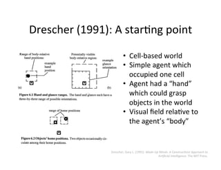Drescher	
  (1991):	
  A	
  star1ng	
  point	
  
•  Cell-­‐based	
  world	
  
•  Simple	
  agent	
  which	
  
occupied	
  ...