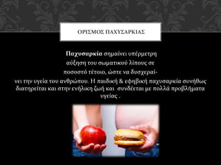 Παχυσαρκία σημαίνει υπέρμετρη
αύξηση του σωματικού λίπους σε
ποσοστό τέτοιο, ώστε να δυσχεραί-
νει την υγεία του ανθρώπου....