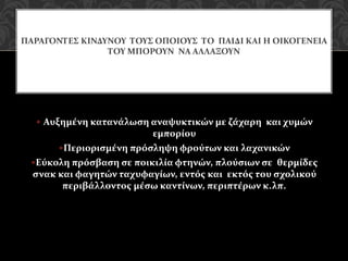 • Αυξημένη κατανάλωση αναψυκτικών με ζάχαρη και χυμών
εμπορίου
•Περιορισμένη πρόσληψη φρούτων και λαχανικών
•Εύκολη πρόσβαση σε ποικιλία φτηνών, πλούσιων σε θερμίδες
σνακ και φαγητών ταχυφαγίων, εντός και εκτός του σχολικού
περιβάλλοντος μέσω καντίνων, περιπτέρων κ.λπ.
ΠΑΡΑΓΟΝΤΕΣ ΚΙΝΔΥΝΟΥ ΤΟΥΣ ΟΠΟΙΟΥΣ ΤΟ ΠΑΙΔΙ ΚΑΙ Η ΟΙΚΟΓΕΝΕΙΑ
ΤΟΥ ΜΠΟΡΟΥΝ ΝΑ ΑΛΛΑΞΟΥΝ
 