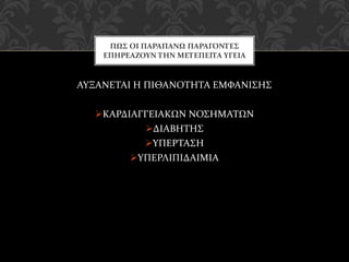 ΑΥΞΑΝΕΤΑΙ Η ΠΙΘΑΝΟΤΗΤΑ ΕΜΦΑΝΙΣΗΣ
ΚΑΡΔΙΑΓΓΕΙΑΚΩΝ ΝΟΣΗΜΑΤΩΝ
ΔΙΑΒΗΤΗΣ
ΥΠΕΡΤΑΣΗ
ΥΠΕΡΛΙΠΙΔΑΙΜΙΑ
ΠΩΣ ΟΙ ΠΑΡΑΠΑΝΩ ΠΑΡΑΓΟΝΤΕΣ
ΕΠΗΡΕΑΖΟΥΝ ΤΗΝ ΜΕΤΕΠΕΙΤΑ ΥΓΕΙΑ
 
