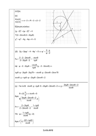 Σελίδα 8/12
ΛΥΣΗ:
(α)

     

Κ(α,β)
α 2 R 2 β 2
Α(2,0)
Εξίσωση κύκλου:
2 2
(χ 2) (ψ 2) 4   
Τ(2 2συνθ,2 2ημθ) 
2 2
χ ψ 4χ 4ψ 4 0    
___________________________________________________________________
2 χ
(β) 2χ 2ψψ΄ 4 4ψ΄ 0 ψ΄
ψ 2

     

λεφ
2 2 2συνθ συνθ
2 2ημθ 2 ημθ
  
 
 
εφ:
συνθ
ψ 2 2ημθ (χ 2 2συνθ)
ημθ

     
2 2
ημθ ψ 2ημθ 2ημ θ συνθ χ 2συνθ 2συν θ       
συνθ χ ημθ ψ 2ημθ 2συνθ 2     
____________________________________________________________
(γ) Για το Β:
2ημθ 2συνθ 2
συνθ χ ημθ 0 2ημθ 2συνθ 2 χ
συνθ
 
       
Άρα
  
  
 
 
π
θ (0, ) συνθ 0
2
2ημθ 2συνθ 2
Β ,0
συνθ
λΤΑ
2 2ημθ 1 ημθ
2 2συνθ 2 συνθ
 
 
 
ΤΑ:
1 ημθ
ψ (χ 2)
συνθ

 
Άρα
2(1 ημθ)
Γ 0,
συνθ
  
 
 
 