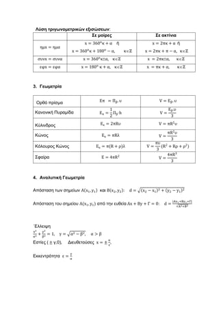 Λύση τριγωνομετρικών εξισώσεων:
Σε μοίρες Σε ακτίνια
ημx = ημα
x = 360ο
κ + α ή
x = 360ο
κ + 180ο
− α, κℤ
x = 2πκ + α ή
x = 2πκ + π − α, κℤ
συνx = συνα x = 360ο
κα, κℤ x = 2πκα, κℤ
εφx = εφα x = 180ο
κ + α, κℤ x = πκ + α, κℤ
3. Γεωμετρία
Ορθό πρίσμα Επ = Πβ. υ V = Eβ. υ
Κανονική Πυραμίδα Eπ =
1
2
Πβ⋅h V =
Eβ.υ
3
Κύλινδρος Εκ = 2πRυ V = πR2
υ
Κώνος Eκ = πRλ V =
πR2
υ
3
Κόλουρος Κώνος Eκ = π(R + ρ)λ V =
πυ
3
(R2
+ Rρ + ρ2
)
Σφαίρα E = 4πR2
V =
4πR3
3
4. Αναλυτική Γεωμετρία
Απόσταση των σημείων Α(x1, y1) και Β(x2, y2): d = √(x2 − x1)2 + (y2 − y1)2
Απόσταση του σημείου Α(x1, y1) από την ευθεία Ax + By + Γ = 0: d =
|Ax1+By1+Γ|
√A2+B2
΄Ελλειψη
x2
α2
+
y2
β2
= 1, γ = √α2 − β2, α > β
Εστίες ( ± γ,0), Διευθετούσες x = ±
α
ε
,
Εκκεντρότητα ε =
γ
α
 