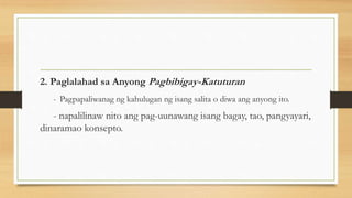 2. Paglalahad sa Anyong Pagbibigay-Katuturan
- Pagpapaliwanag ng kahulugan ng isang salita o diwa ang anyong ito.
- napalilinaw nito ang pag-uunawang isang bagay, tao, pangyayari,
dinaramao konsepto.
 