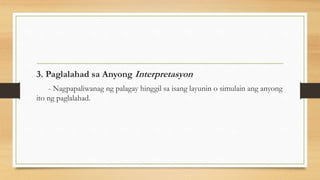 3. Paglalahad sa Anyong Interpretasyon
- Nagpapaliwanag ng palagay hinggil sa isang layunin o simulain ang anyong
ito ng paglalahad.
 