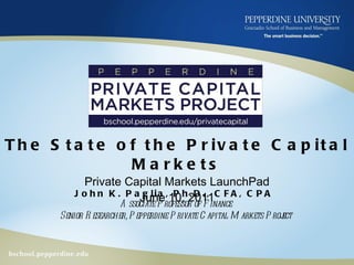The State of the Private Capital Markets Private Capital Markets LaunchPad June 10, 2011 John K. Paglia, Ph.D., CFA, CPA  Associate Professor of Finance Senior Researcher, Pepperdine Private Capital Markets Project 