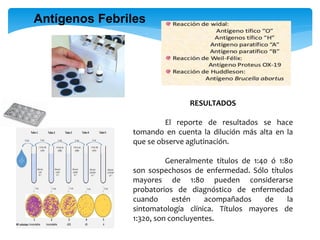 Antígenos Febriles
RESULTADOS
El reporte de resultados se hace
tomando en cuenta la dilución más alta en la
que se observe aglutinación.
Generalmente títulos de 1:40 ó 1:80
son sospechosos de enfermedad. Sólo títulos
mayores de 1:80 pueden considerarse
probatorios de diagnóstico de enfermedad
cuando estén acompañados de la
sintomatología clínica. Títulos mayores de
1:320, son concluyentes.
 