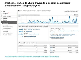 Trackear el tráfico de SEM a través de la sección de comercio
electrónico con Google Analytics




http://code.google.com/intl/es-ES/apis/analytics/docs/tracking/gaTrackingEcommerce.html
 