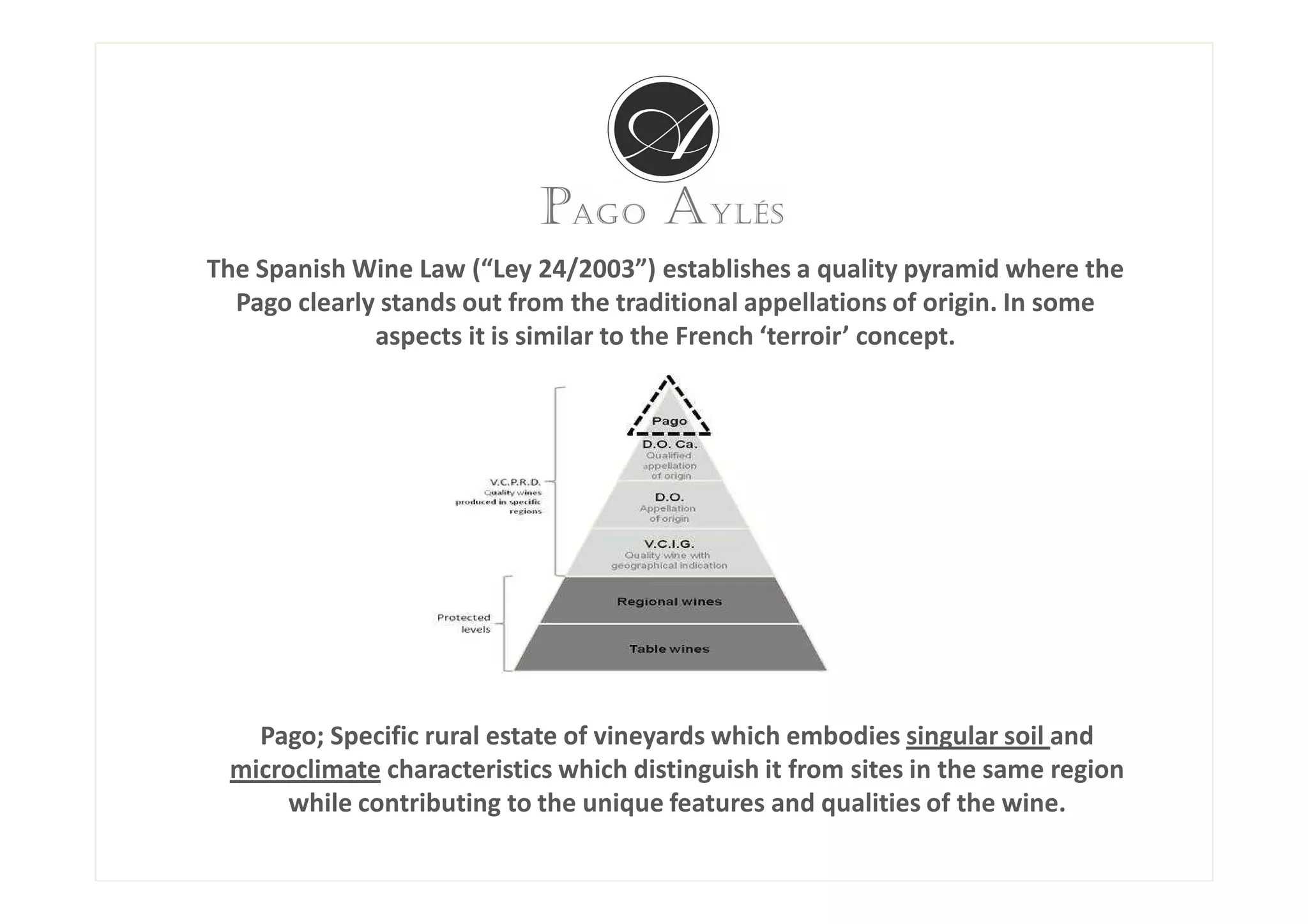 The Spanish Wine Law (“Ley 24/2003”) establishes a quality pyramid where the
  Pago clearly stands out from the traditional appellations of origin. In some
              aspects it is similar to the French ‘terroir’ concept.




   Pago; Specific rural estate of vineyards which embodies singular soil and
 microclimate characteristics which distinguish it from sites in the same region
      while contributing to the unique features and qualities of the wine.
 