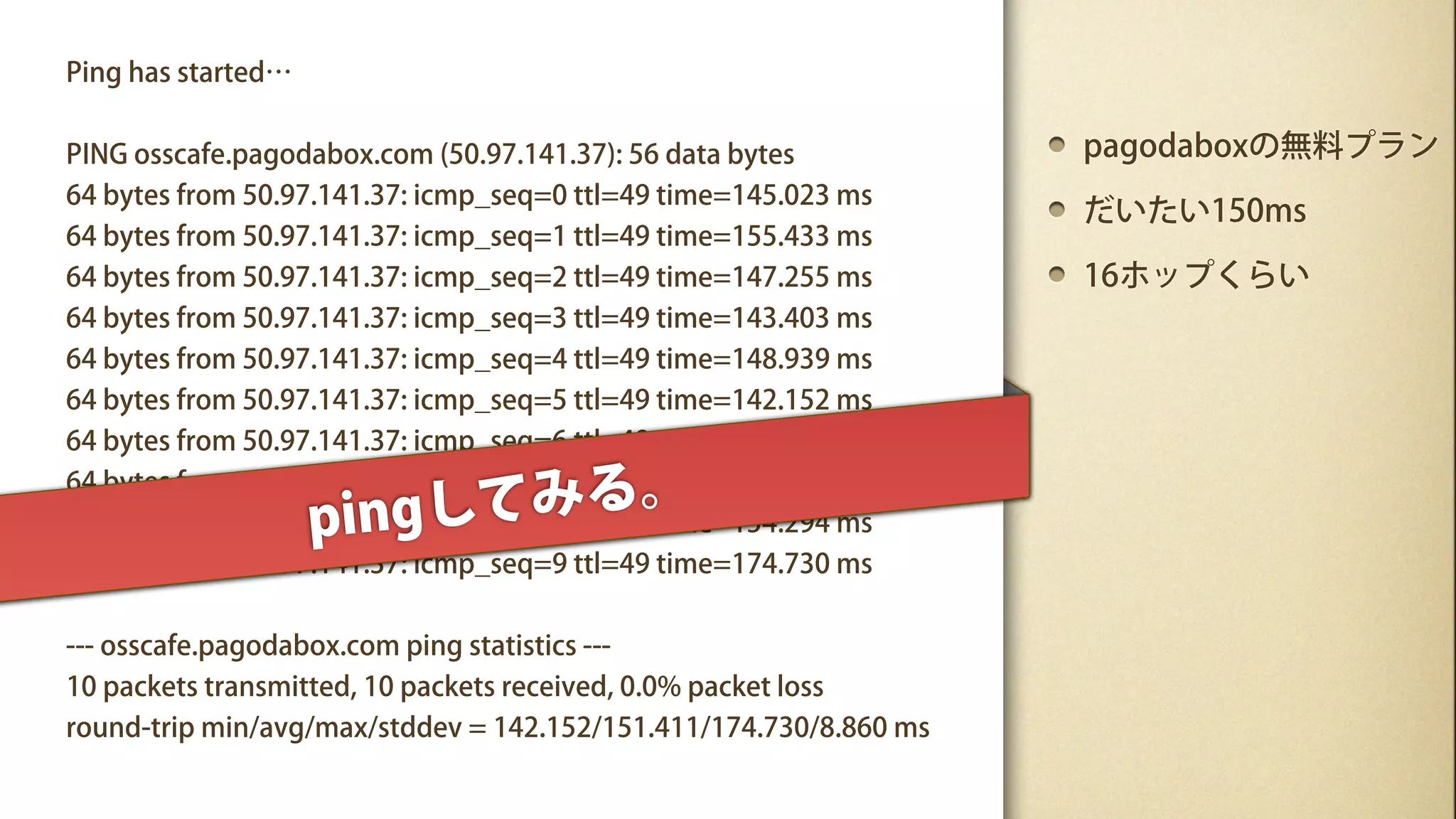 Ping has started…


PING osscafe.pagodabox.com (50.97.141.37): 56 data bytes           pagodaboxの無料プラン
64 bytes from 50.97.141.37: icmp_seq=0 ttl=49 time=145.023 ms
                                                                   だいたい150ms
64 bytes from 50.97.141.37: icmp_seq=1 ttl=49 time=155.433 ms
64 bytes from 50.97.141.37: icmp_seq=2 ttl=49 time=147.255 ms      16ホップくらい
64 bytes from 50.97.141.37: icmp_seq=3 ttl=49 time=143.403 ms
64 bytes from 50.97.141.37: icmp_seq=4 ttl=49 time=148.939 ms
64 bytes from 50.97.141.37: icmp_seq=5 ttl=49 time=142.152 ms
64 bytes from 50.97.141.37: icmp_seq=6 ttl=49 time=150.292 ms


                    pingして みる。
64 bytes from 50.97.141.37: icmp_seq=7 ttl=49 time=152.585 ms
64 bytes from 50.97.141.37: icmp_seq=8 ttl=49 time=154.294 ms
64 bytes from 50.97.141.37: icmp_seq=9 ttl=49 time=174.730 ms


--- osscafe.pagodabox.com ping statistics ---
10 packets transmitted, 10 packets received, 0.0% packet loss
round-trip min/avg/max/stddev = 142.152/151.411/174.730/8.860 ms
 
