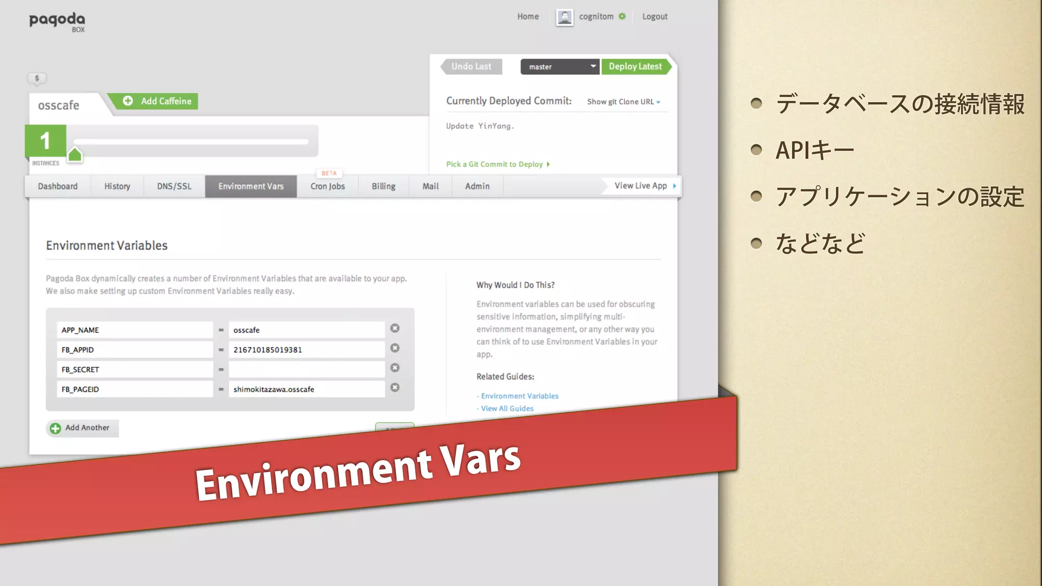 データベースの接続情報

                     APIキー

                     アプリケーションの設定

                     などなど




    ironme nt Vars
Env
 