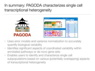 In summary: PAGODA characterizes single cell
transcriptional heterogeneity
• Uses error models and variance normalization ...