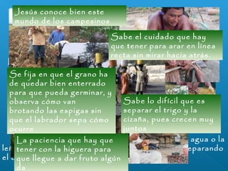 El verdadero problema era 
tener con qué alimentar a la 
familia y a los animales, y, al 
mismo tiempo, guardar 
semilla para la siguiente 
siembra. 
En Nazaret 
apenas circulaba 
el dinero. 
Jesús conoce bien este 
mundo de los campesinos 
Sabe el cuidado que hay 
que tener para arar en línea 
recta sin mirar hacia atrás. 
Más bien se intercambiaban 
productos o se pagaba con 
una ayuda temporal en el 
campo, prestando animales 
para trabajar la tierra u 
otros servicios parecidos 
Según la Misná: la mujer 
trabaja dentro de la casa 
preparando la comida y 
limpiando o reparando la 
ropa; el hombre trabaja 
fuera del hogar, en las 
diferentes faenas del 
campo. 
Según la Misná, entre los 
Se fija en que el grano ha 
de quedar bien enterrado 
para que pueda germinar, y 
observa cómo van 
brotando las espigas sin 
que el labrador sepa cómo 
ocurre 
Sabe lo difícil que es 
separar el trigo y la 
cizaña, pues crecen muy 
juntos 
Por otra parte, las mujeres sjauldíaíons para traer el agua o la 
leña, y no era raro ver a los hombres tejiendo o reparando 
el calzado. 
La paciencia que hay que 
tener con la higuera para 
que llegue a dar fruto algún 
da 
 