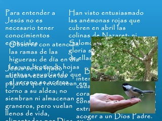 Para entender a 
Jesús no es 
necesario tener 
conocimientos 
especiales 
Han visto entusiasmado 
las anémonas rojas que 
cubren en abril las 
colinas de Nazaret; ni 
Salomón en toda su 
gloria se vistió como una 
de ellas. 
Observa con atención 
las ramas de las 
higueras: de día en día 
les van brotando hojas 
tiernas anunciando que 
el verano se acerca. 
Jesús se ha fijado 
muchas veces en los 
pájaros que revolotean en 
torno a su aldea; no 
siembran ni almacenan en 
graneros, pero vuelan 
llenos de vida, 
alimentados por Dios, su 
Basta vivir 
intensamente la vida de 
cada día y escuchar con 
corazón sencillo las 
consecuencias que Jesús 
extrae de ella para 
acoger a un Dios Padre. 
 
