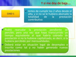 Antes de cumplir los 2 años desde el
  CASO 1             alta, y si no se le hubiera abonado la
                     totalidad      de     la     prestación
                     contributiva


Podrá reanudar la prestación pendiente de
percibir, pero una vez que haya transcurrido un
tiempo equivalente al que habría cobrado de
prestación si no la hubiese capitalizado, es decir, si la
hubiera percibido por mensualidades.
Deberá estar en situación legal de desempleo e
inscrito como tal y no haber generado nuevas
prestaciones
 
