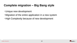 10
Complete migration – Big Bang style
•Unique new development
•Migration of the entire application in a new system
•High Complexity because of new development
 