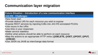 15
Communication layer migration
Future-Situation – Introduction of a new communication interface
JAX-RS - Challenges
●New fresh start
●Provide distinct URI for each resource you wish to expose
●Expose REST services by injecting EJBs into JAX-RS annotated POJOs
●Use nouns in the URIs
●Use links in your responses
●Make service stateless
●Define what actions should be able to perform on each resource
●Map the actions to an appropriate HTTP verbs (@DELETE, @GET, @POST, @PUT,
@HEAD)
●Use JSON via JAXB as interchange data format
 