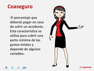 El porcentaje que deberás pagar en caso de sufrir un accidente. Esta característica se utiliza para cubrir una parte mínima de los gastos totales y depende de algunas variables. Coaseguro 