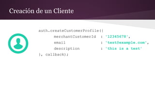 Creación de un Cliente
auth.createCustomerProfile({
merchantCustomerId : '12345678',
email : 'test@example.com',
description : 'this is a test'
}, callback);
 