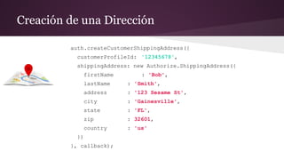 Creación de una Dirección
auth.createCustomerShippingAddress({
customerProfileId: '12345678',
shippingAddress: new Authorize.ShippingAddress({
firstName : 'Bob',
lastName : 'Smith',
address : '123 Sesame St',
city : 'Gainesville',
state : 'FL',
zip : 32601,
country : 'us'
})
}, callback);
 