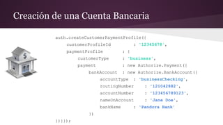 Creación de una Cuenta Bancaria
auth.createCustomerPaymentProfile({
customerProfileId : '12345678',
paymentProfile : {
customerType : 'business',
payment : new Authorize.Payment({
bankAccount : new Authorize.BankAccount({
accountType : 'businessChecking',
routingNumber : '121042882',
accountNumber : '123456789123',
nameOnAccount : 'Jane Doe',
bankName : 'Pandora Bank'
})
})}});
 