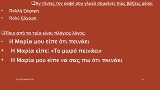 Αν πίνεις τον καφέ σου γλυκό σημαίνει πώς βάζεις μέσα;
• Πολλή ζάχαρη
• Πολύ ζάχαρη
Ποιο από τα τρία είναι πλάγιος λόγος;
• Η Μαρία μου είπε ότι πεινάει
• Η Μαρία είπε: «Το μωρό πεινάει»
• Η Μαρία μου είπε να σας πω ότι πεινάει
ΡΟΥΣΣΗ ΜΑΡΙΑ ΠΕ02 50
 