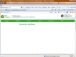Transacción Aprobada

Gracias por su pago
El estado de su transacción es: transacción aprobada
Para futuras referencias conserve los siguientes datos:

Número de referencia: [1214848 - 7296007]
Valor: XXXX
Fecha: 28 de Abril de 2010
Red: MASTERCARD
Código Único de Seguimiento: 7261591
Descripción: Evento
 