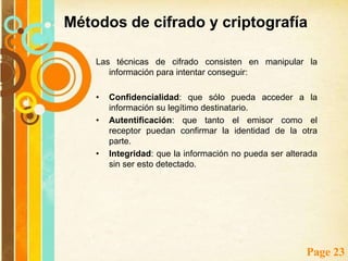 Gestión del pago, gestiona tareas asociadas a la actividad comercial de gran importancia, como registro del titular y del comerciante, autorizaciones y liquidaciones de pagos, anulaciones, etc. Métodos de cifrado y criptografía La criptografía es el arte o ciencia de cifrar y descifrar información mediante técnicas especiales y se emplea frecuentemente para permitir un intercambio de mensajes que sólo puedan ser leídos por personas a las que van dirigidos y que poseen los medios para descifrarlos.Para encriptar información se utilizan complejas fórmulas matemáticas y para desencriptar, se debe usar una clave como parámetro para esas fórmulas.El texto plano que está encriptado o cifrado se llama criptograma