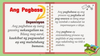 Ang Pagbasa
Depenisyon
Ang pagbabasa ay isang
gawaing nakaugalian na.
Bilang mag-aaral,
kaakibat ng pagsusulat
ay ang matutuhang
bumasa.
Ang pagbabasa ay ang
proseso ng pagkuha at
pag-unawa sa ilang anyo
ng inimbak o nakasulat na
impormasyon o ideya.
Ang pagbasa ay
sistematikong proseso ng
pagkilala at pag-unawa sa
mga nakalimbag na titik o
simbolo.
 