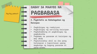 GABAY SA MAAYOS NA
PAGBABASA
3. Pagkilatis sa Kahalagahan ng
Kaisipan
• Pagbibigay ng reaksiyon
• Pagbibigay ng sariling kaisipan
• Paghahambing at pagbibigay ng
pagkakaiba
• Pagdama sa pananaw at kaisipan ng
may akda
• Pagtatalakay ukol sa iba pang
katangian o kapintasan upang
magbunga ng bagong pananaw at
pang-unawa.
Pag-Pag, pahina 9
 