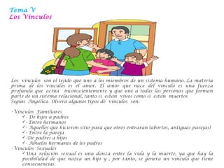 Tema V
Los Vínculos
Los vínculos son el tejido que une a los miembros de un sistema humano. La materia
prima de los vínculos es el amor. El amor que nace del vínculo es una fuerza
profunda que actúa  inconscientemente y que une a todas las personas que forman
parte de un sistema relacional, tanto si están vivos como si están muertos
Según Angélica Olvera algunos tipos de vínculos son:
•Vínculos Familiares
- De hijos a padres
- Entre hermanos
- Aquellos que hicieron sitio para que otros entraran (abortos, antiguas parejas)
- Entre la pareja
-De padres a hijos
- Abuelos hermanos de los padres
•Vínculos Sexuales
Una relación sexual es una danza entre la vida y la muerte, ya que hay la
posibilidad de que nazca un hijo y , por tanto, se genera un vinculo que tiene
consecuencias.
 