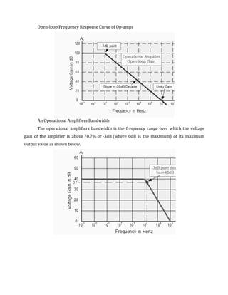 Open-loop Frequency Response Curve of Op-amps




      An Operational Amplifiers Bandwidth
      The operational amplifiers bandwidth is the frequency range over which the voltage
gain of the amplifier is above 70.7% or -3dB (where 0dB is the maximum) of its maximum
output value as shown below.
 