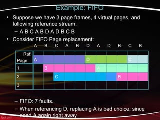 • Suppose we have 3 page frames, 4 virtual pages, and
following reference stream:
– A B C A B D A D B C B
• Consider FIFO Page replacement:
– FIFO: 7 faults.
– When referencing D, replacing A is bad choice, since
need A again right away
Example: FIFO
C
B
A
D
C
B
A
BCBDADBACBA
3
2
1
Ref:
Page:
 
