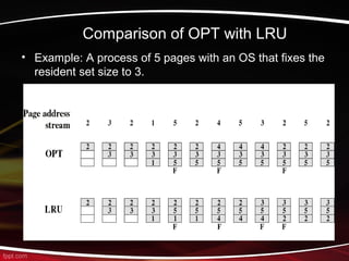 Comparison of OPT with LRU
• Example: A process of 5 pages with an OS that fixes the
resident set size to 3.
 