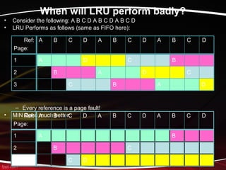 • Consider the following: A B C D A B C D A B C D
• LRU Performs as follows (same as FIFO here):
– Every reference is a page fault!
• MIN Does much better:
D
When will LRU perform badly?
C
B
A
D
C
B
A
D
C
B
A
CBADCBADCBA D
3
2
1
Ref:
Page:
B
C
DC
B
A
CBADCBADCBA D
3
2
1
Ref:
Page:
 