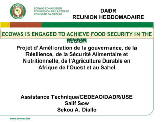 ECOWAS IS ENGAGED TO ACHIEVE FOOD SECURITY IN THE
REGION
ECOWAS IS ENGAGED TO ACHIEVE FOOD SECURITY IN THE
REGION
DADR
REUNION HEBDOMADAIRE
Projet d’ Amélioration de la gouvernance, de la
Résilience, de la Sécurité Alimentaire et
Nutritionnelle, de l’Agriculture Durable en
Afrique de l'Ouest et au Sahel
Assistance Technique/CEDEAO/DADR/USE
Salif Sow
Sekou A. Diallo
 