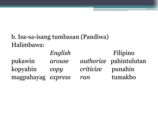 b. Isa-sa-isang tumbasan (Pandiwa)
Halimbawa:
English
Filipino
pukawin
arouse    authorize   pahintulutan
kopyahin
copy
criticize   punahin
magpahayag express
ran
tumakbo
 