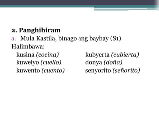 2. Panghihiram
a. Mula Kastila, binago ang baybay (S1)
Halimbawa:
  kusina (cocina)
kubyerta (cubierta)
  kuwelyo (cuello)
donya (doña)
  kuwento (cuento)
senyorito (señorito)
 