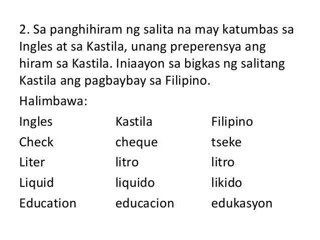 Salitang Filipino Na Hiram Sa Wikang Kastila