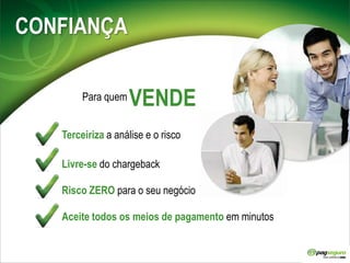 CONFIANÇAVENDEPara quemTerceiriza a análise e o riscoLivre-se do chargebackRisco ZERO para o seu negócioAceite todos os meios de pagamento em minutos