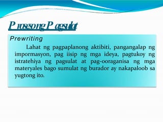 P rosesongP agsulat
Prewriting
Lahat ng pagpaplanong aktibiti, pangangalap ng
impormasyon, pag iisip ng mga ideya, pagtukoy ng
istratehiya ng pagsulat at pag-ooraganisa ng mga
materyales bago sumulat ng burador ay nakapaloob sa
yugtong ito.
 