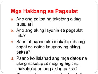 Mga Hakbang sa Pagsulat
a. Ano ang paksa ng tekstong aking
isusulat?
b. Ano ang aking layunin sa pagsulat
nito?
c. Saan at paano ako makakakuha ng
sapat sa datos kaugnay ng aking
paksa?
d. Paano ko ilalahad ang mga datos na
aking nakalap at maging higit na
makahulugan ang aking paksa?
 