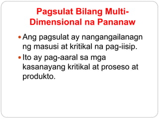 Pagsulat Bilang Multi-
Dimensional na Pananaw
 Ang pagsulat ay nangangailanagn
ng masusi at kritikal na pag-iisip.
 Ito ay pag-aaral sa mga
kasanayang kritikal at proseso at
produkto.
 