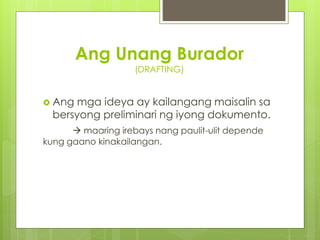 Ang Unang Burador 
(DRAFTING) 
 Ang mga ideya ay kailangang maisalin sa 
bersyong preliminari ng iyong dokumento. 
 maaring irebays nang paulit-ulit depende 
kung gaano kinakailangan. 
 