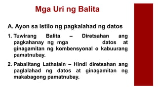 Mga Uri ng Balita
A. Ayon sa istilo ng pagkalahad ng datos
1. Tuwirang Balita – Diretsahan ang
pagkahanay ng mga datos at
ginagamitan ng kombensyonal o kabuurang
pamatnubay.
2. Pabalitang Lathalain – Hindi diretsahan ang
paglalahad ng datos at ginagamitan ng
makabagong pamatnubay.
 