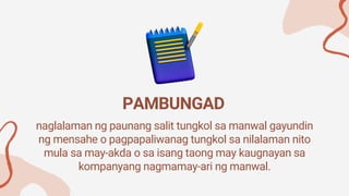 naglalaman ng paunang salit tungkol sa manwal gayundin
ng mensahe o pagpapaliwanag tungkol sa nilalaman nito
mula sa may-akda o sa isang taong may kaugnayan sa
kompanyang nagmamay-ari ng manwal.
PAMBUNGAD
 