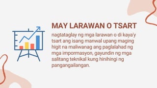 nagtataglay ng mga larawan o di kaya'y
tsart ang isang manwal upang maging
higit na maliwanag ang paglalahad ng
mga impormasyon, gayundin ng mga
salitang teknikal kung hinihingi ng
pangangailangan.
MAY LARAWAN O TSART
 